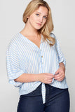 STRIPED FRONT TIE BUTTON DOWN TOP - PLUS SIZE