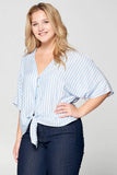 STRIPED FRONT TIE BUTTON DOWN TOP - PLUS SIZE
