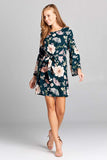 Floral Bell Sleeve Dress with Belt