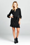 Bell Sleeve Waist Tie Dress With Notch Neck
