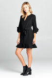 Bell Sleeve Waist Tie Dress With Notch Neck