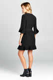 Bell Sleeve Waist Tie Dress With Notch Neck