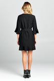 Bell Sleeve Waist Tie Dress With Notch Neck