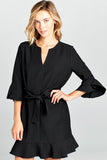 Bell Sleeve Waist Tie Dress With Notch Neck