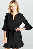 Bell Sleeve Waist Tie Dress With Notch Neck
