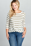 Plus Size - Striped 3/4 Sleeve Top with Knot