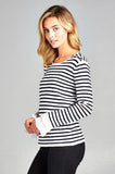 STRIPED BOAT NECK TOP WITH BELL RUFFLE SLEEVES